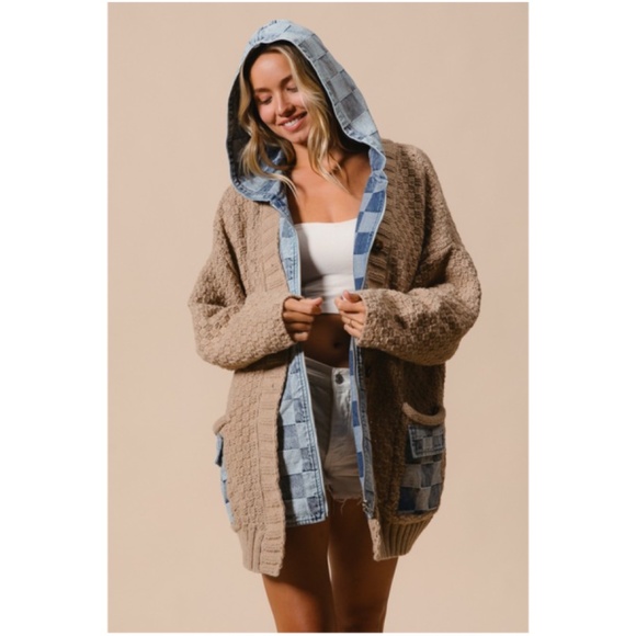 Cozy Checkered Plaid Denim Mixed Fabric Knit Cardigan Jacket Shacket - Picture 5 of 8